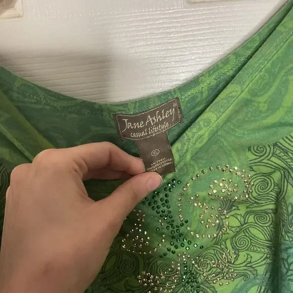 Jane Ashley Green Patterned Butterfly Rhinestone Top Y2K Boho Size XL - Picture 4 of 4